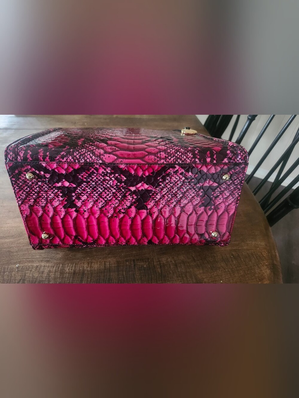 Bright Pink Snake-Print Tote Handbag by Brahmin Brand - Picture 8 of 10